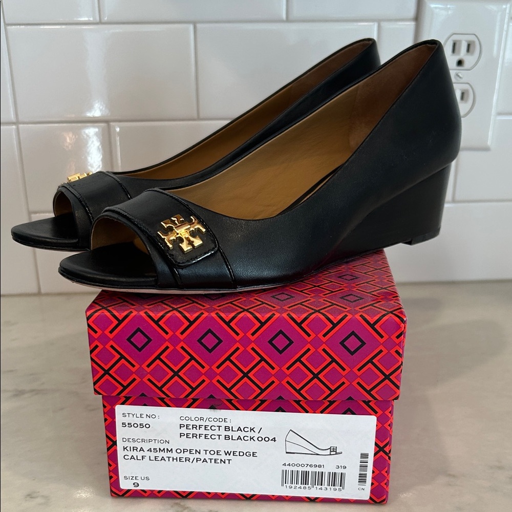 Tory Burch Kira Black Leather Open Toe Wedges